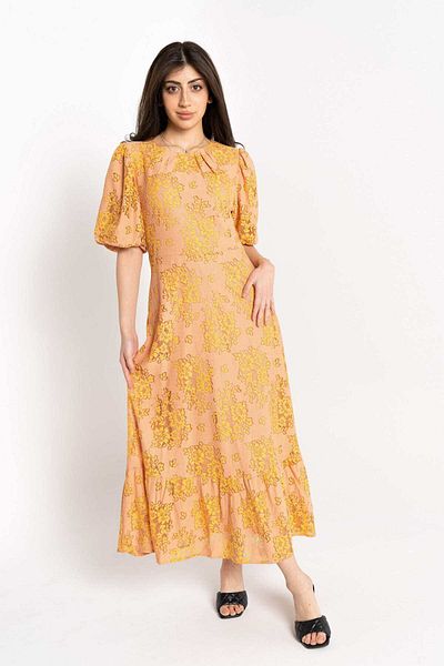 Nichii Women's Short Sleeve Midi Flared Evening Dress with Waist Detail