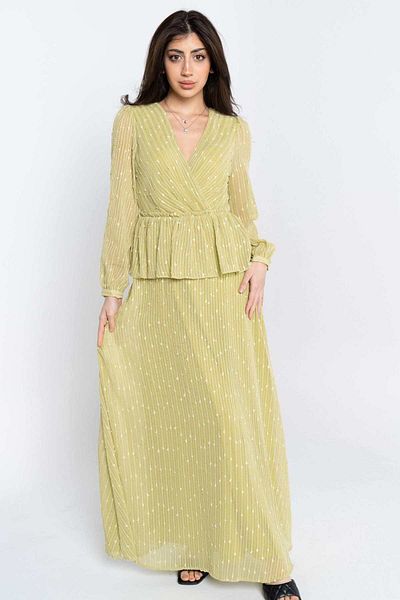 Nichii Long Maxi Dress with Sheer Long Sleeves and Seven Neckline