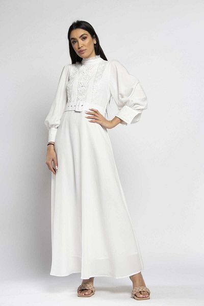 Nichii Long Dress with Long Sleeves and Ruffles on the Chest