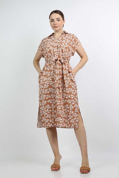 Nichii Floral Midi Dress with Side Slits and Waist Belt, Short Sleeves -