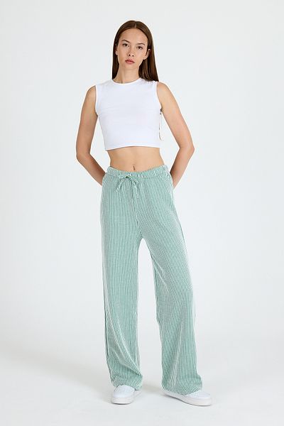 Rays Green Elastic Waist Striped Wide Leg Woven Trousers 4098
