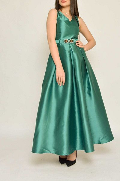 Nichii Women's Long Satin Evening Dress with Waist Belt, Sleeveless