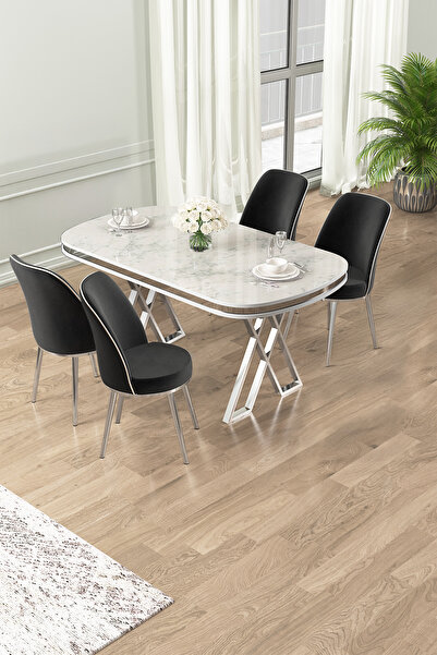 Canisa Lai Serisi 90x168 Lak Panel Beyaz Mermer Desen Masa ve 4 Sandalye Krom...