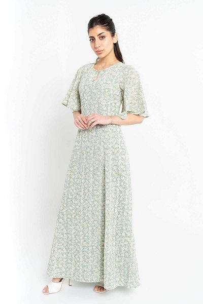 Nichii Long Floral Waist-Defined Dress with Butterfly Sleeves