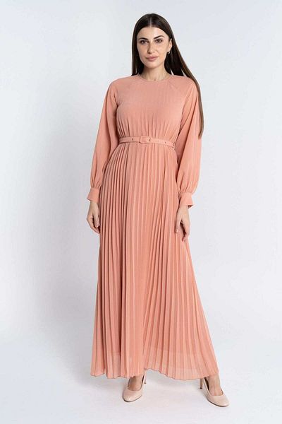 Nichii Women's Pleated Maxi Dress with Belt and Long Sleeves