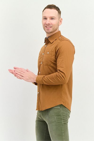 Paper Denim & Cloth Men Slim Fit Solid Long Sleeves Casual Shirt, Brown