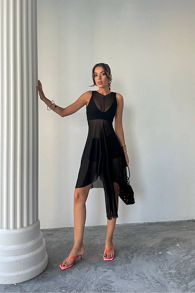 Neşeli Butik Women's Black Tulle Pareo Triple Suit Nbdf099