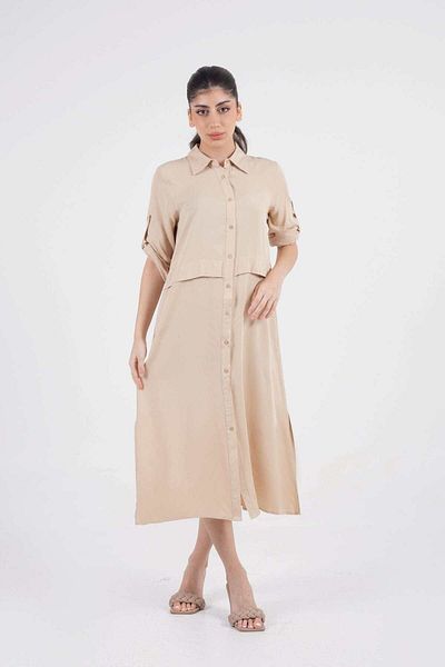 Nichii Women's Long Dress with Front Button Neckline and Side Slits, 3/4 Sleeves
