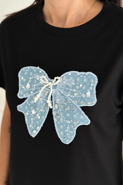 FEMELLE Tricou de damă din bumbac 100% cu model de panglică neagră, cu mărgele și paiete brodate, detaliu blugi