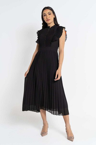 Nichii Pleated Short Sleeve Midi Dress with Buttons at the Chest