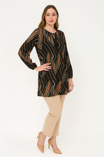 Ravencia Women's Zigzag Line Patterned Woven Tunic Black Orange