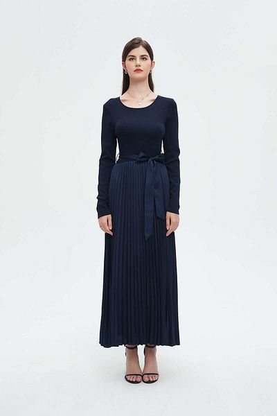 Nichii Women's Long Ruffled Dress with Waist Tie and Long Sleeves
