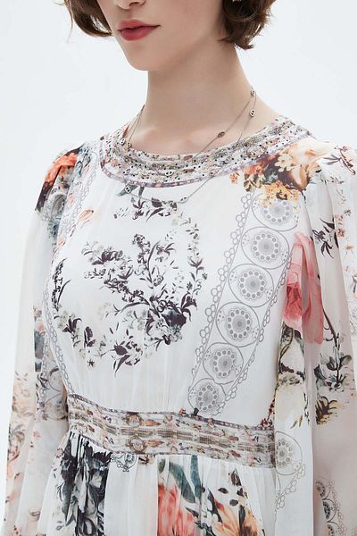 Nichii Floral Long Dress with Wide Long Sleeves