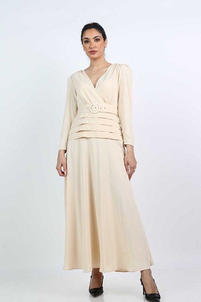 Nichii Long Dress with Wide Seven-Cut Neckline and Long Sleeves