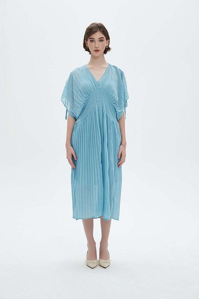 Nichii Women's Midi Dress with Short Sleeves and Pleated Butterfly Design