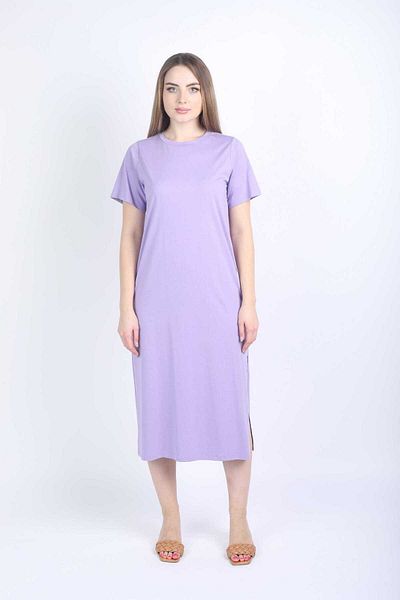 Nichii Simple Midi Dress with Side Slits and Short Sleeves -