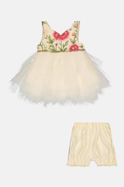American Princess Toddlers Gir 2 Pieces Embroidered Partywear Dress, Multicolor