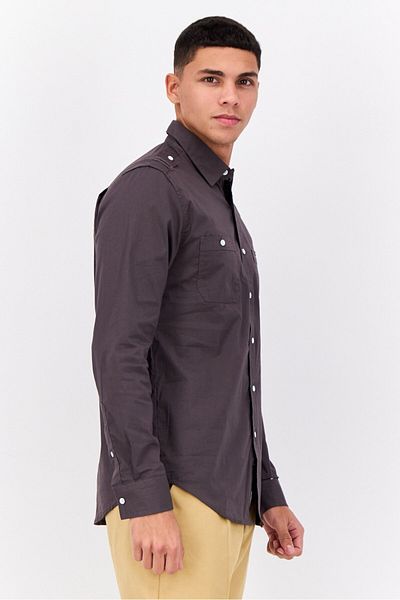 Paper Denim & Cloth Men Slim Fit Solid Long Sleeves Casual Shirt, Stlee Grey
