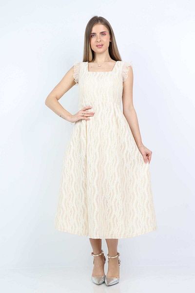 Nichii Women's Midi Dress with Square Neckline and Ruffled Shoulder Detail