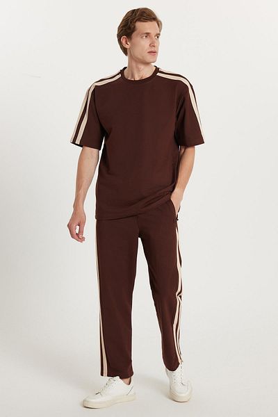 Tudors Men's Standard Fit Regular Fit Cotton Crew Neck Striped Brown Tracksuit Set