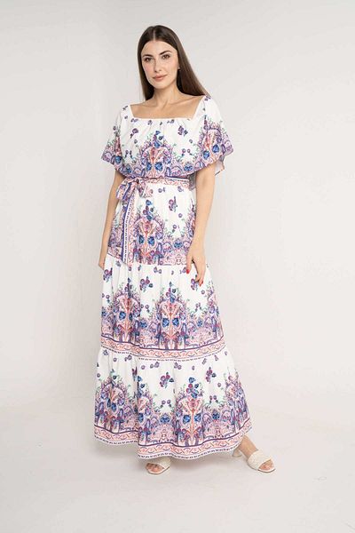 Nichii Floral Maxi Dress with Belt, Short Sleeves & Square Neckline