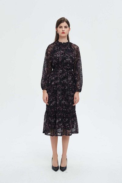 Nichii Floral Knee-Length Women's Dress with Long Sleeves and Waist Tie
