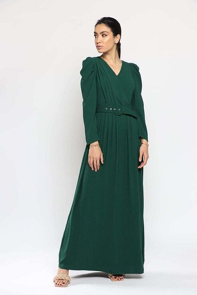 Nichii Solid Long Sleeve Maxi Dress with Pleats and Waist Belt