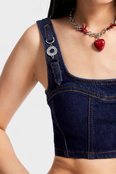 its basic Women's Navy Blue Color 19W5-33 Accessory Detailed Strap Flexible Fabric Design Denim Bustier