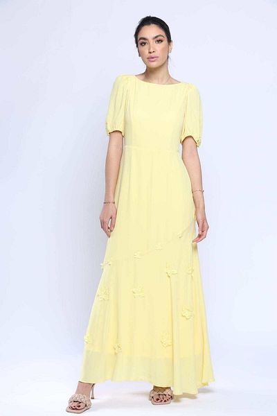 Nichii Long Chiffon Dress with Lace-Embellished Butterflies and Short Sleeves