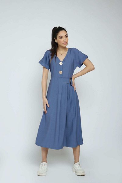 Nichii Women's Midi Dress with Wide Belt and Large Button Details, Short Sleeves