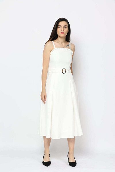 Nichii Soft Polyester Midi Dress with Belt and Pleated Detail at the Bust