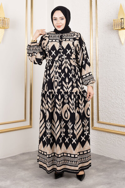 Tesettür Dünyası Μακρύ μαντίλι φόρεμα από βισκόζη με μισό κουμπί και πατιλέτα TSD250206 Μαύρο
