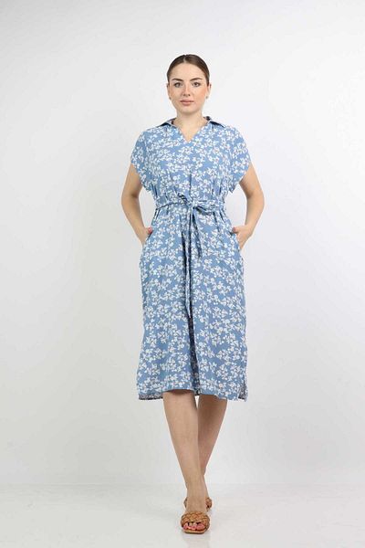 Nichii Floral Midi Dress with Side Slits and Waist Belt, Short Sleeves -