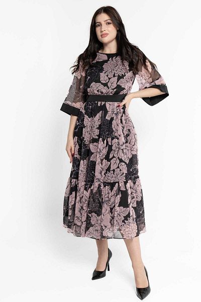 Nichii Women's Floral Chiffon Midi Dress with 3/4 Sleeves