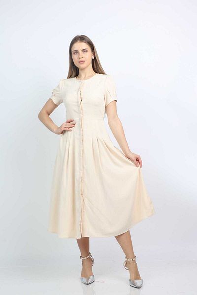 Nichii French Midi Dress with Front Buttons and Short Sleeves