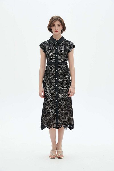 Nichii Women's Midi Dress with Short Sleeves, Lace Details