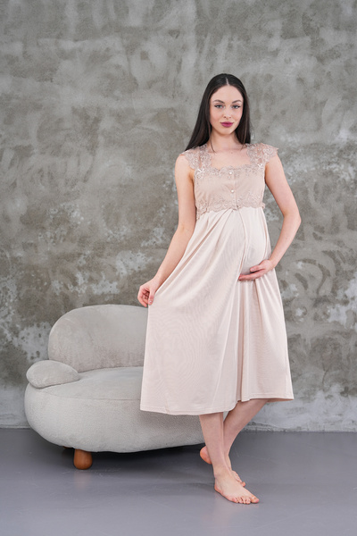 CT MODA Γυναικείο νυχτικό εγκυμοσύνης με δαντέλα βιζόν, καλοκαιρινό ειδικό σχέδιο 100% βαμβάκι