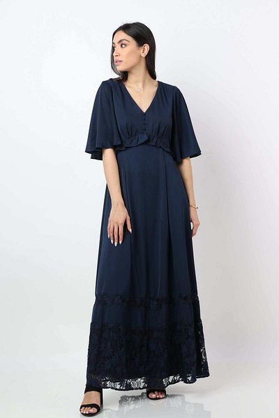 Nichii Soft Polyester Long Dress with V-Neck and Short Sleeves