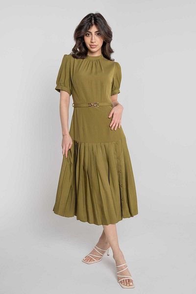 Nichii Women's Solid Midi Dress with Pleats and Side Buttons
