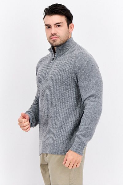 Thomas Sterling Men Mock Neck Long Sleeve Knitted Half Zip Sweater, Grey