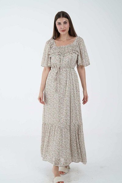 Nichii Women's Maxi Dress with Waist Belt and Short Open Sleeves
