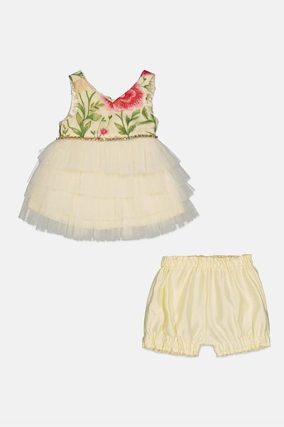 American Princess Toddlers Girl 2 Pieces Embroidered Partywear Dress And Short Set, Multicolor