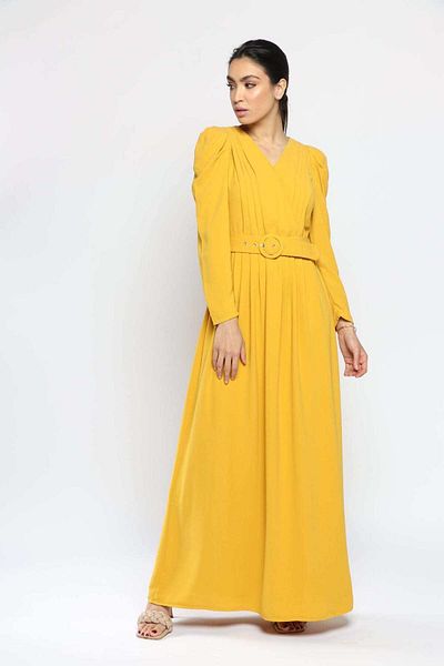 Nichii Solid Long Sleeve Maxi Dress with Pleats and Waist Belt