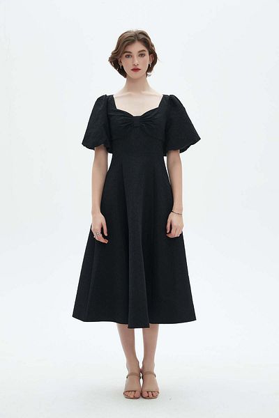 Nichii Square Neck Ruffled Midi Dress with Short Sleeves