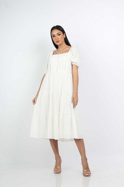 Nichii Women's Midi Dress with Square Neckline and Short Sleeves