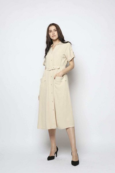 Nichii Women’s Midi Dress in Gathered Waist with Front Pockets and Short Sleeves