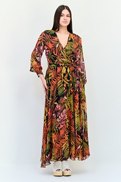 Spy Zone Exchange فستان ماكسي بحزام مطبوع بالكامل للنساء، متعدد الألوان