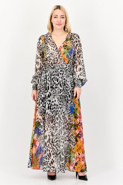 Spy Zone Exchange فستان ماكسي بحزام مطبوع بالكامل للنساء، متعدد الألوان