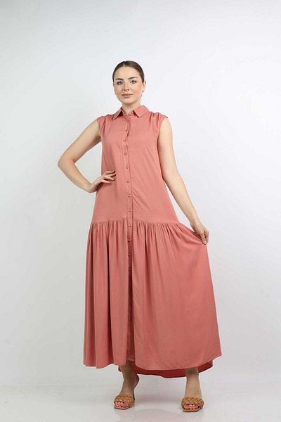 Nichii Long Plain Dress with Collar and Front Buttons - No Sleeves