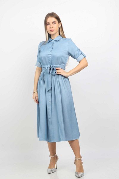 Nichii Solid Midi Dress with Waist Tie and Front Buttons - Long Sleeve Women's